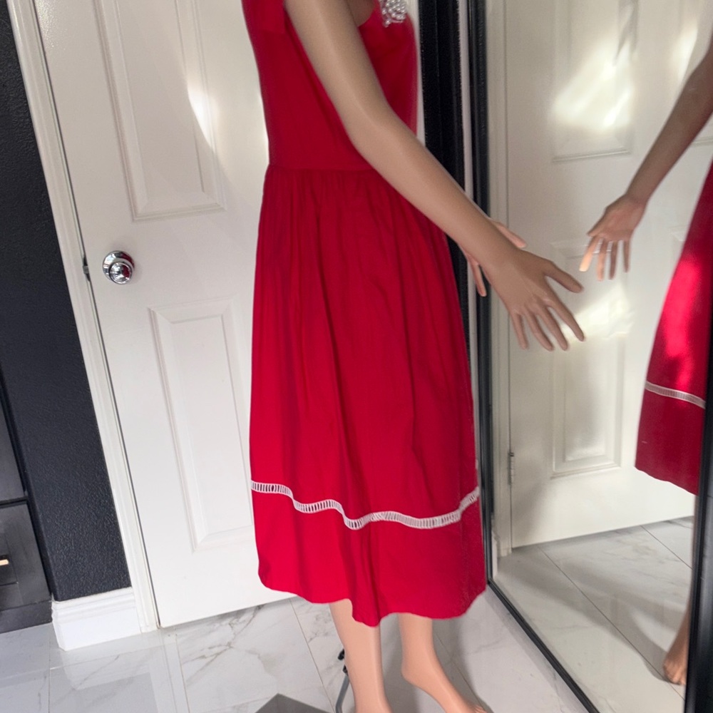 1950s rockabilly Vintage Red Midi Dress embellished with Bow Straps - Picture 6 of 6